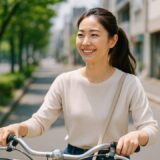 ポニーテールの30代日本人女性が、自転車で街を走りながら笑顔を見せる様子。都会の並木道が背景に広がる爽やかな一枚