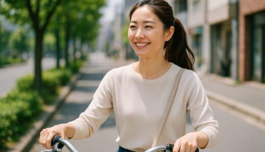 女性の笑顔 フリー素材 | 街中を自転車で走る30代日本人女性【ap000063】