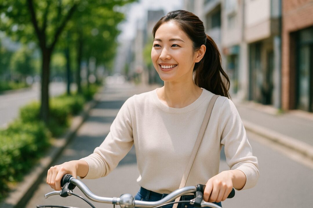 ポニーテールの30代日本人女性が、自転車で街を走りながら笑顔を見せる様子。都会の並木道が背景に広がる爽やかな一枚