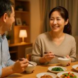 温かみのある自宅のダイニングで、夕飯を楽しむ40代日本人夫婦。笑顔を交わしながら和やかに食卓を囲む、心安らぐひとときの一枚