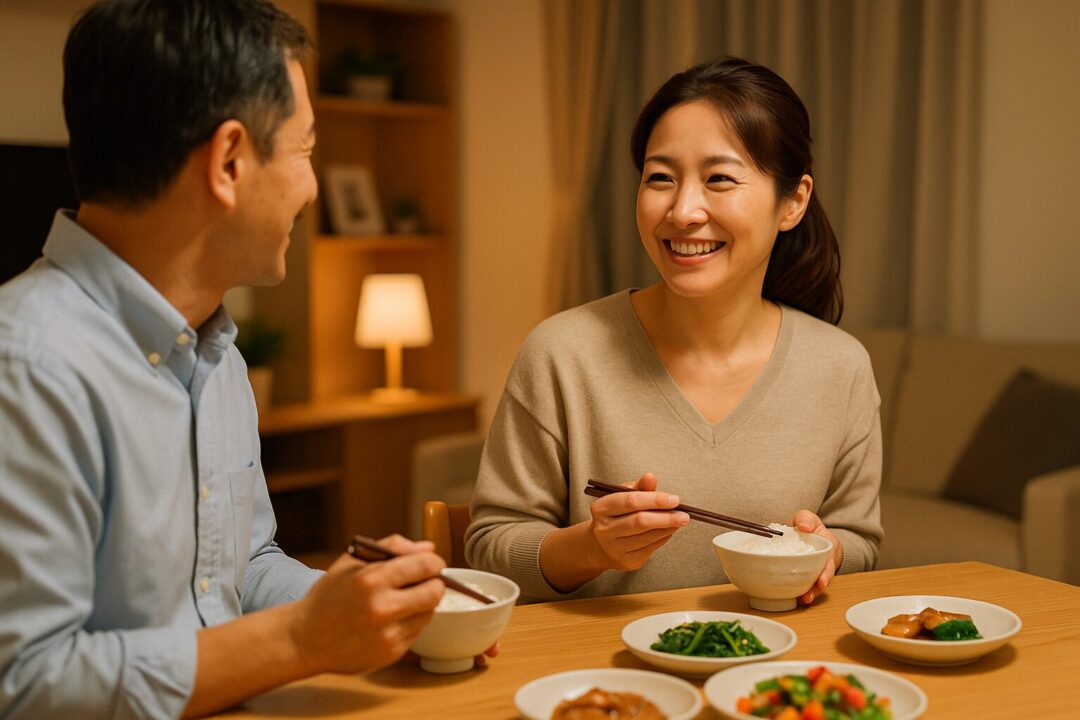 温かみのある自宅のダイニングで、夕飯を楽しむ40代日本人夫婦。笑顔を交わしながら和やかに食卓を囲む、心安らぐひとときの一枚