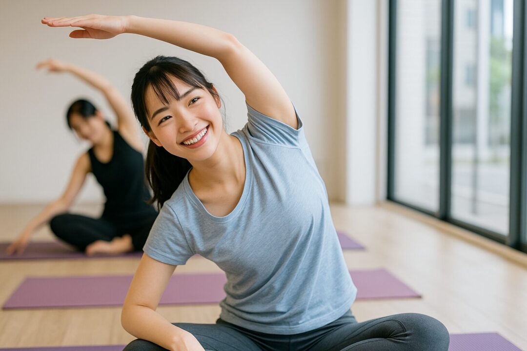 ヨガスタジオでストレッチをしながら笑顔を見せる20代の日本人女性。自然光が差し込む明るい空間で、心地よい雰囲気の中レッスンに参加する様子