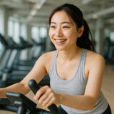スポーツジムでタンクトップ姿の20代日本人女性が笑顔でペダルマシンをこいでいる様子。明るく開放的な空間で、健康的なトレーニングシーンが自然に表現された一枚