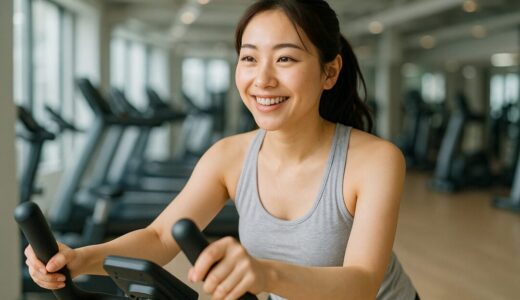女性 笑顔 フリー素材 | スポーツジムでペダルマシンをこぐ20代日本人女性【ap000066】