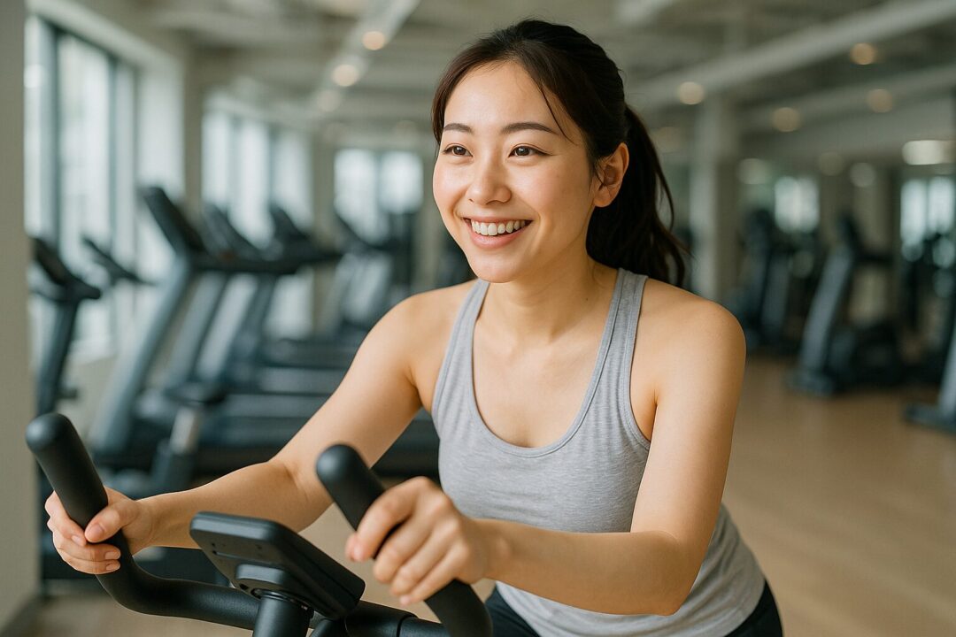 スポーツジムでタンクトップ姿の20代日本人女性が笑顔でペダルマシンをこいでいる様子。明るく開放的な空間で、健康的なトレーニングシーンが自然に表現された一枚