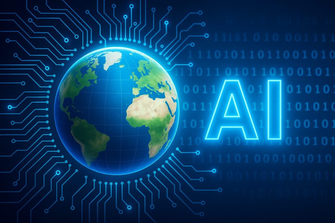 地球を中心に、周囲に広がる回路とバイナリコード、右側には輝く「AI」の文字。テクノロジーが世界を包み込む未来的なイメージを表現した一枚です。