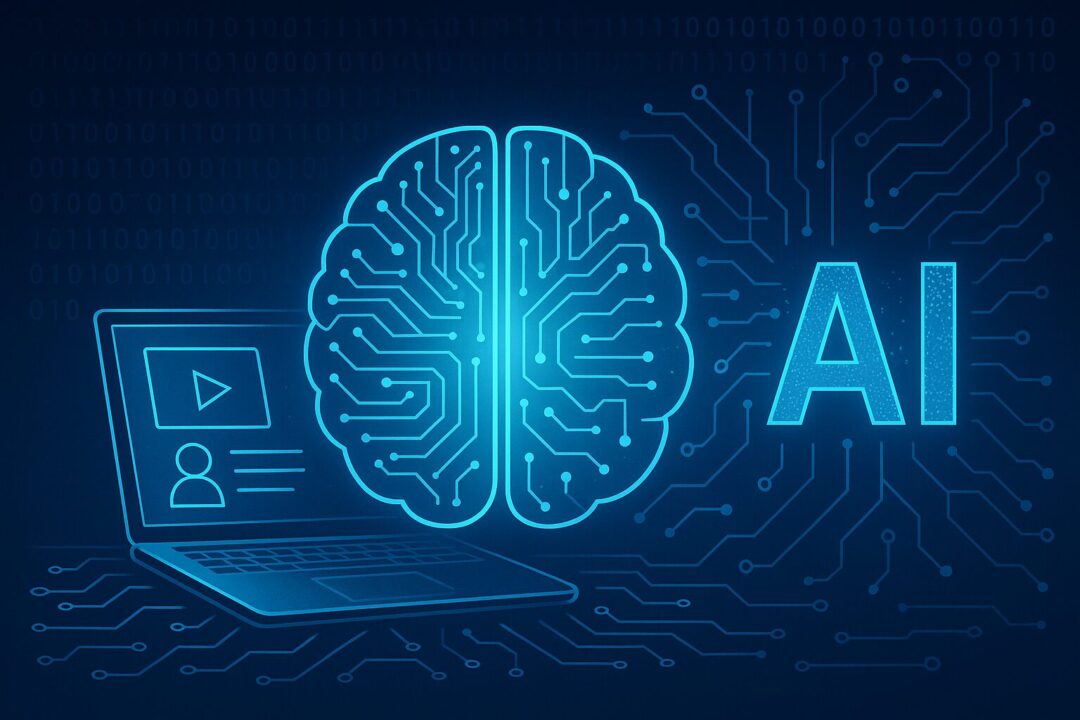 中央に回路で構成された脳、その横に「AI」の文字。左側にはオンライン学習を象徴するノートPCのアイコンが描かれ、背景にはバイナリコードが浮かぶ未来的な構成です。