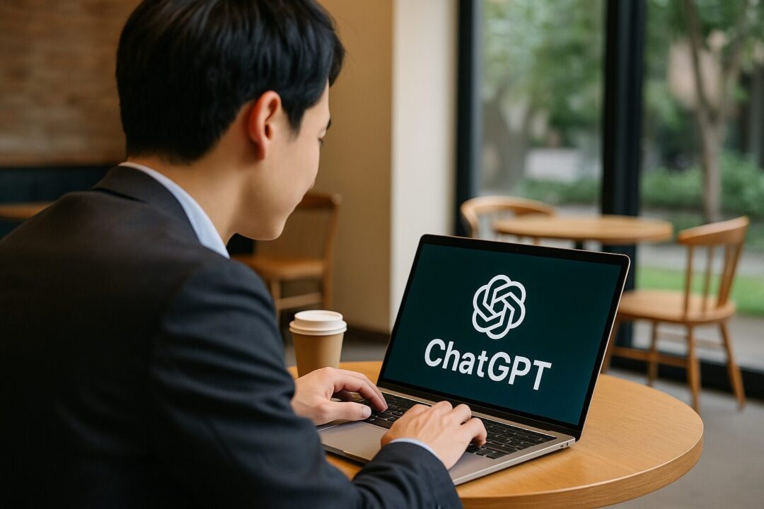 カフェの窓際でノートPCを操作するスーツ姿の日本人男性を斜め後ろから捉えた一枚。PC画面にはChatGPTのロゴが映し出され、静かで知的な雰囲気を演出しています。