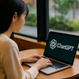 ChatGPTを操作する日本人女性のカフェシーン【ap000072】