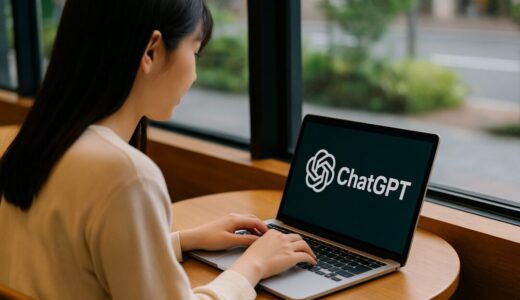 ChatGPTを操作する日本人女性のカフェシーン【ap000072】
