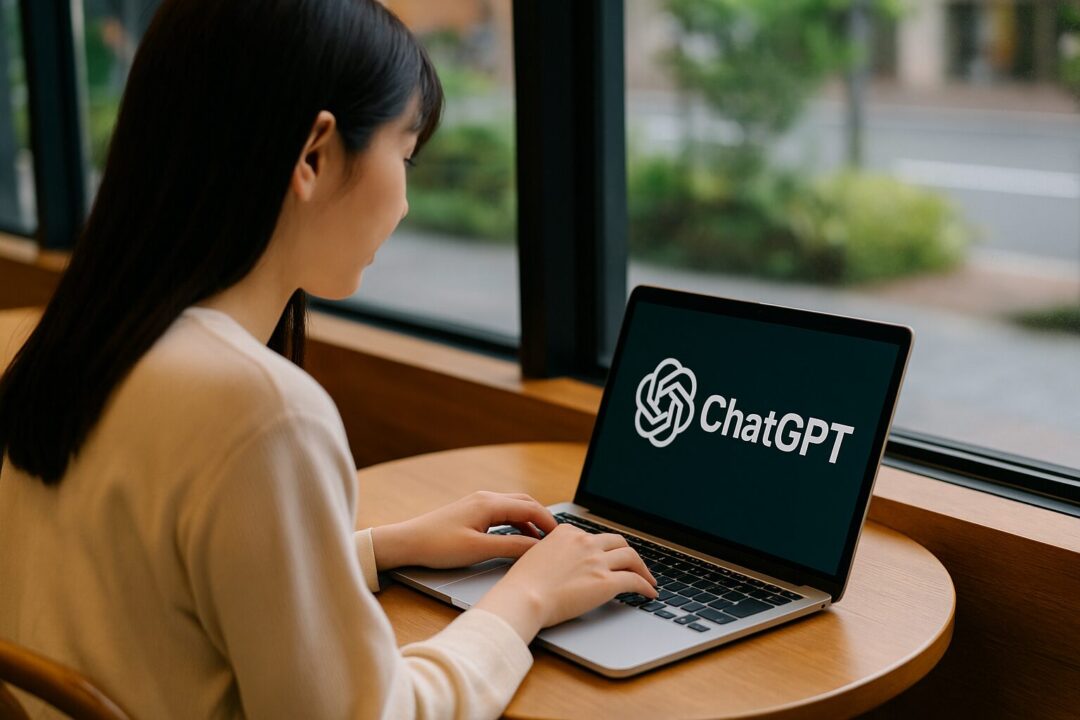 カフェの窓際に座る私服姿の日本人女性がノートPCでChatGPTを操作する様子を斜後ろから捉えた一枚。画面にはChatGPTロゴが映り、自然光が柔らかく差し込む落ち着いた雰囲気です