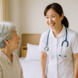 看護師 フリー素材 | 病室を見回る40代日本人看護師と高齢女性患者【ap000074】