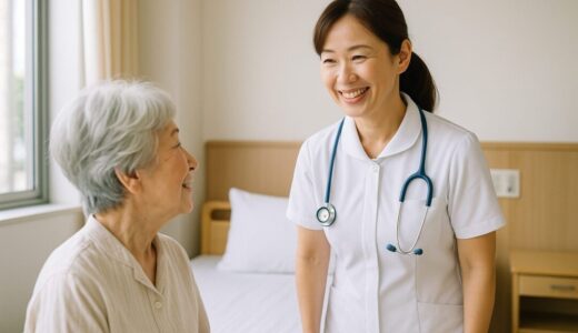 看護師 フリー素材 | 病室を見回る40代日本人看護師と高齢女性患者【ap000074】