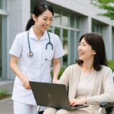 看護師 フリー素材 | 病院の外で車椅子の女性を介助する日本人看護師看護師【ap000076】