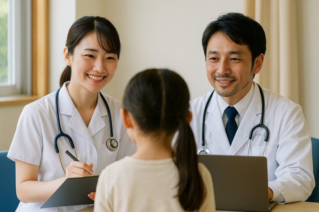 小児科の診察室で、若い日本人女性看護師と男性医師が女の子に問診を行う様子。明るい室内で、看護師は記録を取り、医師は優しい笑顔で応じる温かな雰囲気の一枚です。