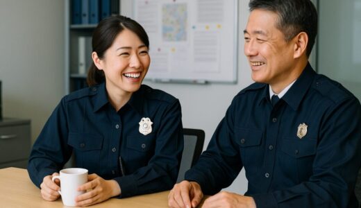 警察官 フリー素材 | 警察署で笑顔を交わす30代女性警察官と50代男性上司【ap000078】