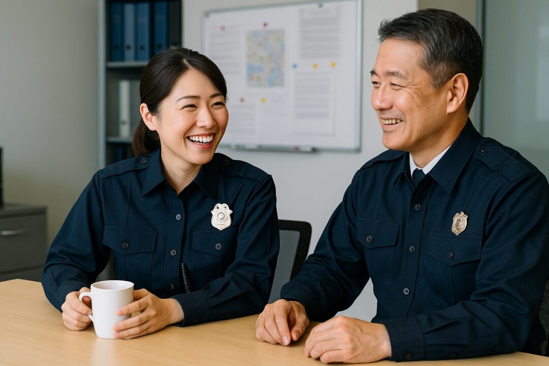 警察署内のデスクで、制服姿の30代日本人女性警察官が50代の男性上司と笑顔で会話する様子。温かな空気感が漂い、日常の一コマとしての信頼関係が感じられる一枚