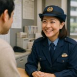 警察官 フリー素材 | 交番で一般人の相談に対応する40代日本人女性警察官【ap000079】