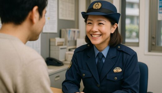 警察官 フリー素材 | 交番で一般人の相談に対応する40代日本人女性警察官【ap000079】