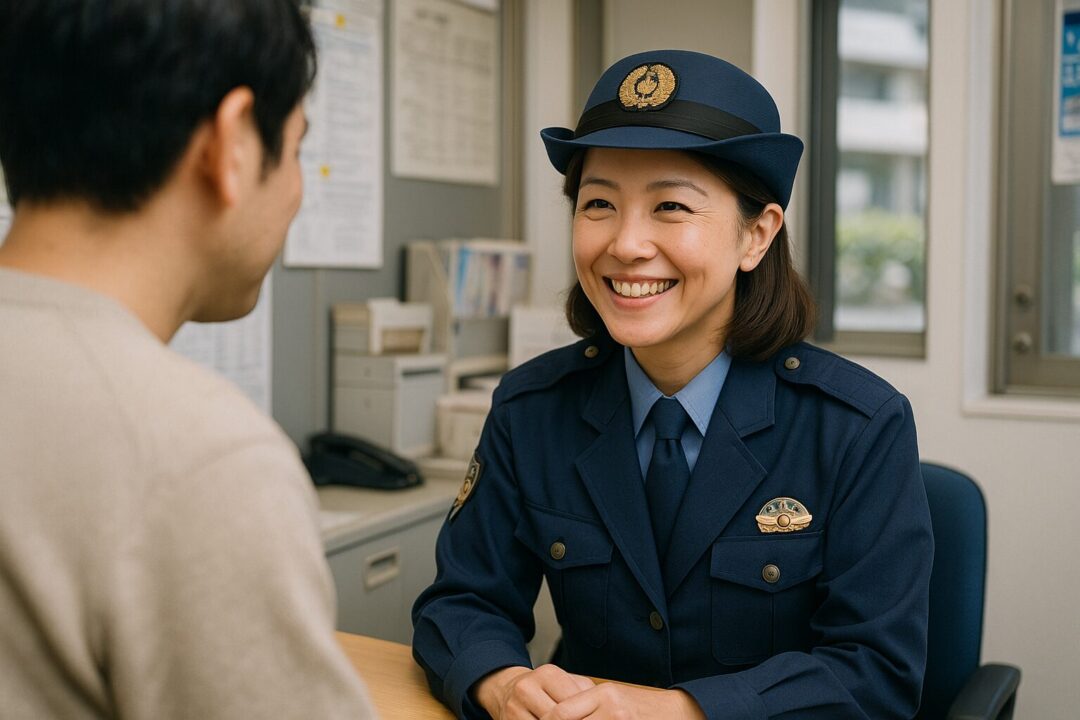 交番内で笑顔を見せながら一般市民の男性と会話する40代の日本人女性警察官。整った制服姿と穏やかな対応から、信頼感と安心感が伝わる一枚
