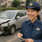 警察官 フリー素材 | 交通事故現場で対応する30代日本人女性警察官【ap000080】