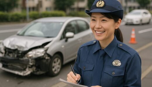 警察官 フリー素材 | 交通事故現場で対応する30代日本人女性警察官【ap000080】