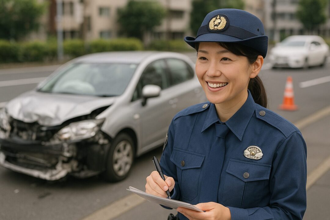 事故現場で車両の損傷を背に、現場検証を行う30代の日本人女性警察官。制服姿で笑顔を見せながら、事故対応を記録する姿が印象的な一枚