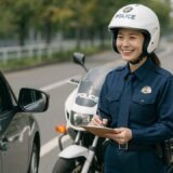 白バイの前に立ち、スピード違反の車両を取り締まる30代の日本人女性警察官。笑顔を見せながら違反者に対応する様子が、穏やかな道路背景とともに描かれた一枚