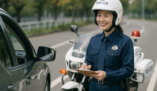警察官 フリー素材 | 白バイでスピード違反車両を取り締まる30代日本人女性警察官【ap000081】