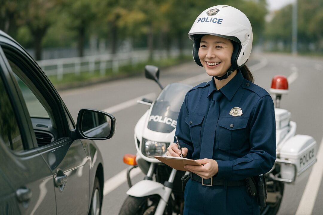 白バイの前に立ち、スピード違反の車両を取り締まる30代の日本人女性警察官。笑顔を見せながら違反者に対応する様子が、穏やかな道路背景とともに描かれた一枚