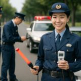 警察官 フリー素材 | 飲酒検問で交通整理を行う30代日本人女性警察官と同僚たち【ap000082】