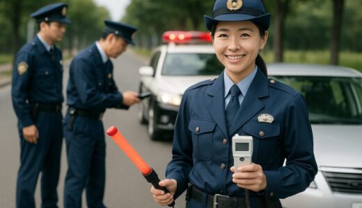 警察官 フリー素材 | 飲酒検問で交通整理を行う30代日本人女性警察官と同僚たち【ap000082】