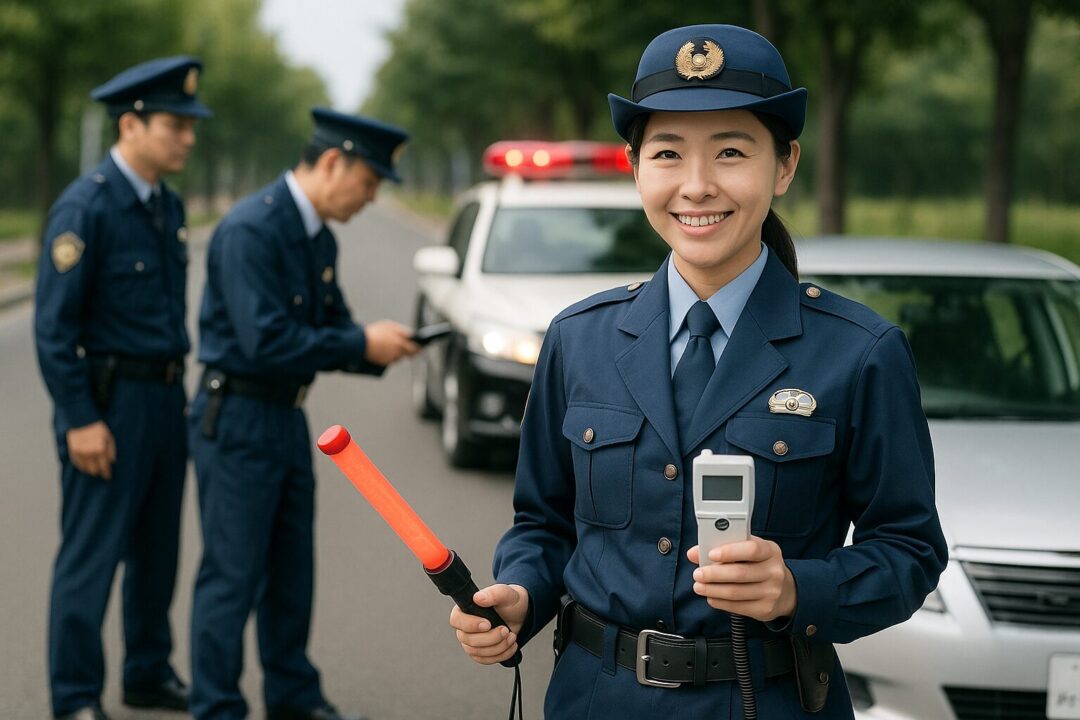 パトカーの前で飲酒検問を実施する警察官3人。手前には交通誘導灯と検知器を持った30代の日本人女性警察官が笑顔で対応、後方では2人の男性警官が運転手とやり取りする様子が見える一枚