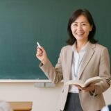 中学校の教室で、教科書とチョークを手に黒板の前で授業を行う50代の日本人女性教師。生徒に笑顔を向けながら、温かく落ち着いた雰囲気の中で授業を進める様子が伝わる一枚