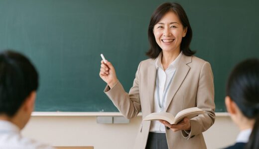 先生・教師 フリー素材 | 中学校の授業で黒板の前に立つ50代日本人女性教師【ap000083】