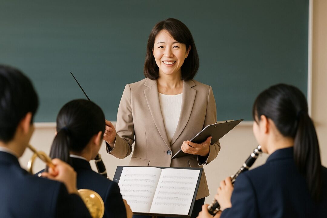 高校の教室で、吹奏楽部の部員たちに笑顔で指導を行う40代の日本人女性教師。指揮棒と楽譜を持ちながら、生徒の演奏に目を配る真剣かつ温かい雰囲気が伝わる一枚