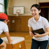先生・教師 フリー素材 | 体育館で跳び箱指導をする20代日本人女性教師【ap000085】