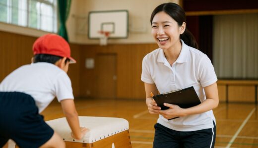 先生・教師 フリー素材 | 体育館で跳び箱指導をする20代日本人女性教師【ap000085】