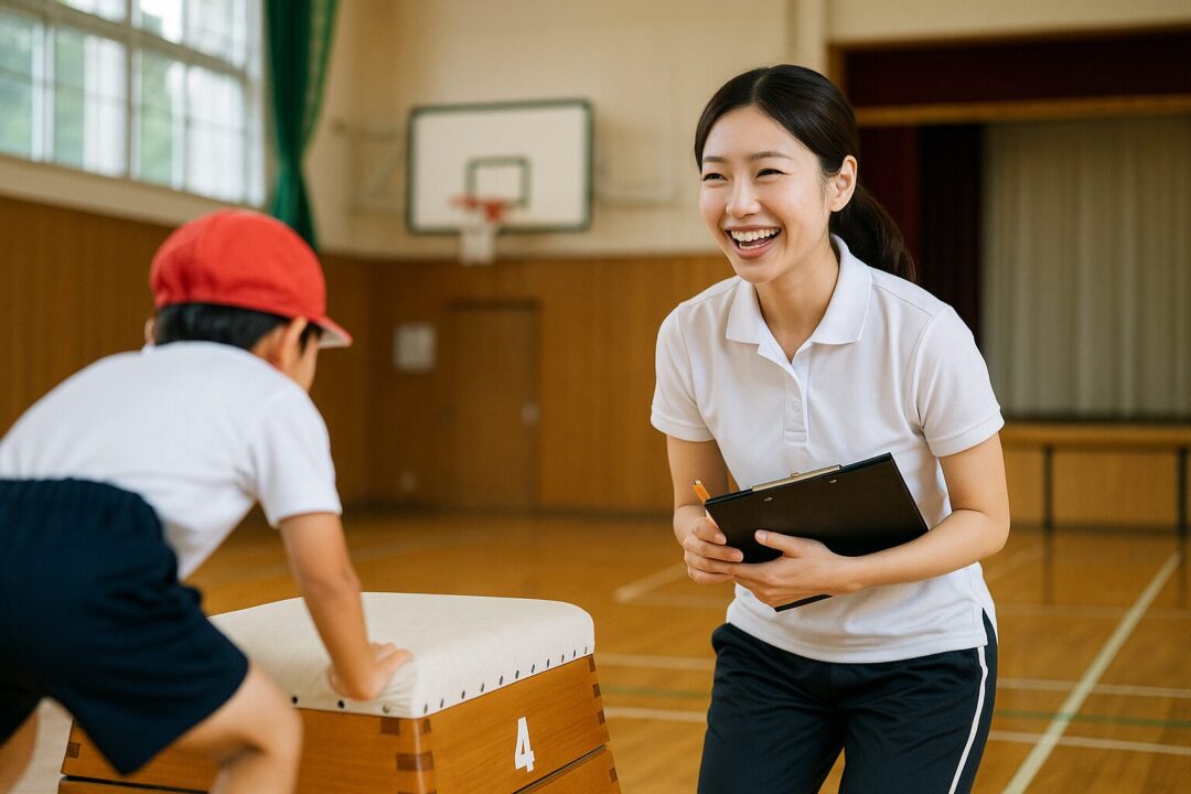 小学校の体育館で、跳び箱に取り組む児童を笑顔で見守る20代の日本人女性体育教師。白のポロシャツとトラックパンツ姿で、クリップボードと鉛筆を手に、生徒の様子を温かく見守る一枚