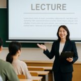 プロジェクターと黒板を背に、大学の講義室で講義を行う50代の日本人女性教授。スーツ姿でクリップボードを手に笑顔で話しかけ、生徒たちに向けて丁寧に説明する様子が伝わる一枚