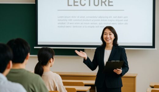先生・教師 フリー素材 | 大学講堂で講義を行う50代日本人女性教授【ap000086】