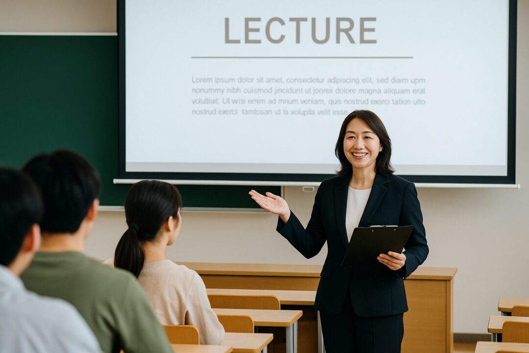 プロジェクターと黒板を背に、大学の講義室で講義を行う50代の日本人女性教授。スーツ姿でクリップボードを手に笑顔で話しかけ、生徒たちに向けて丁寧に説明する様子が伝わる一枚