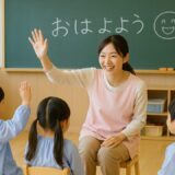 先生・教師 フリー素材 | 幼稚園の朝の会で園児に「おはよう」を伝える先生【ap000087】