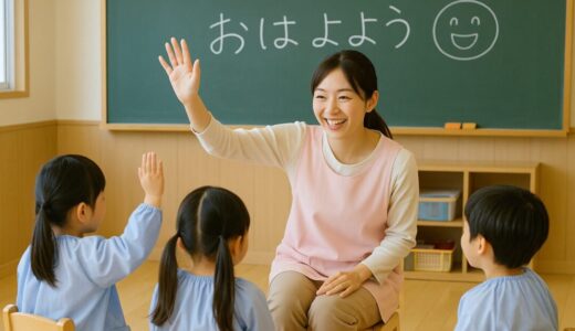 先生・教師 フリー素材 | 幼稚園の朝の会で園児に「おはよう」を伝える先生【ap000087】
