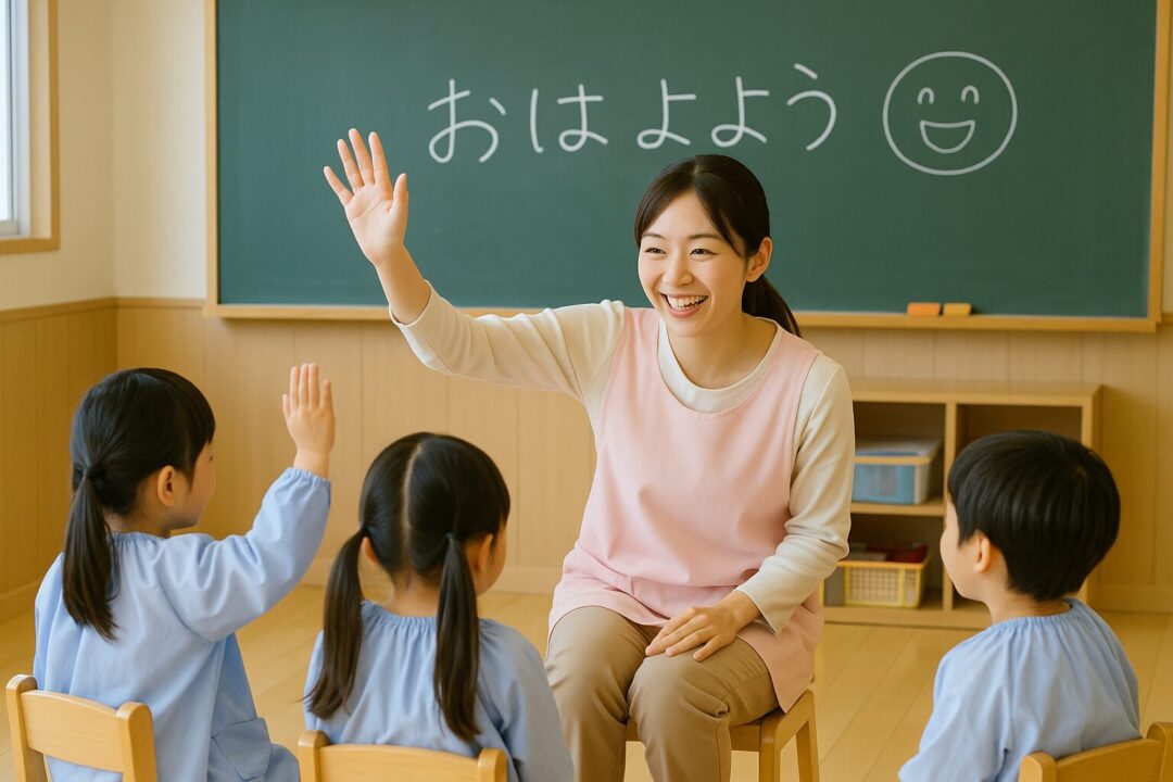 明るい教室で、黒板に「おはよう」の文字と笑顔のイラスト。20代の日本人女性教師が園児たちに笑顔で手を挙げながら朝の会を進める、温かく爽やかな一枚