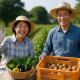 晴れた畑で収穫した野菜を手に笑顔を見せる50代日本人女性とその夫。女性はバスケットにナスやピーマンを持ち、男性はじゃがいも入りのコンテナを手に、自然に囲まれた穏やかな夫婦の一枚