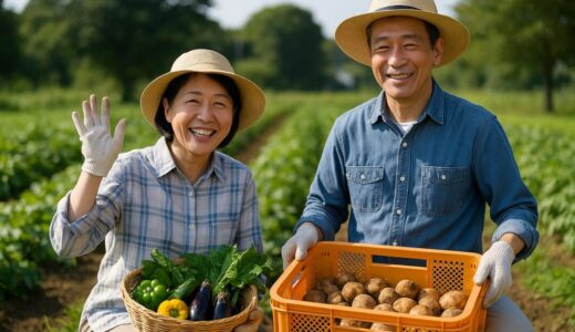 収穫を楽しむ50代日本人女性と夫の農作業風景【ap000088】