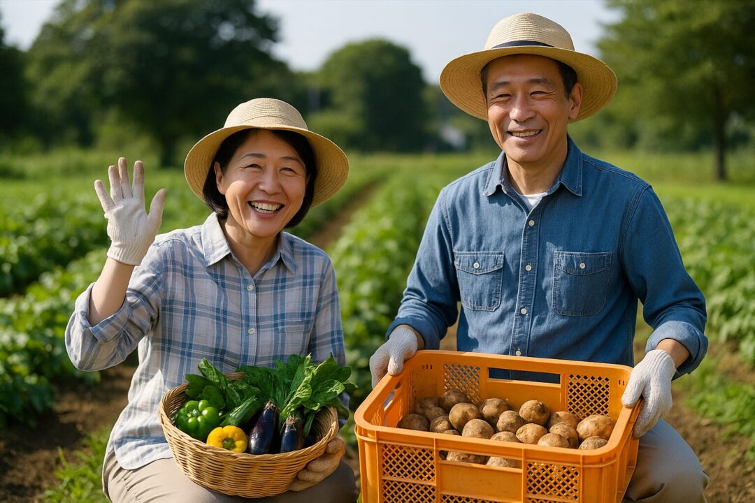 晴れた畑で収穫した野菜を手に笑顔を見せる50代日本人女性とその夫。女性はバスケットにナスやピーマンを持ち、男性はじゃがいも入りのコンテナを手に、自然に囲まれた穏やかな夫婦の一枚