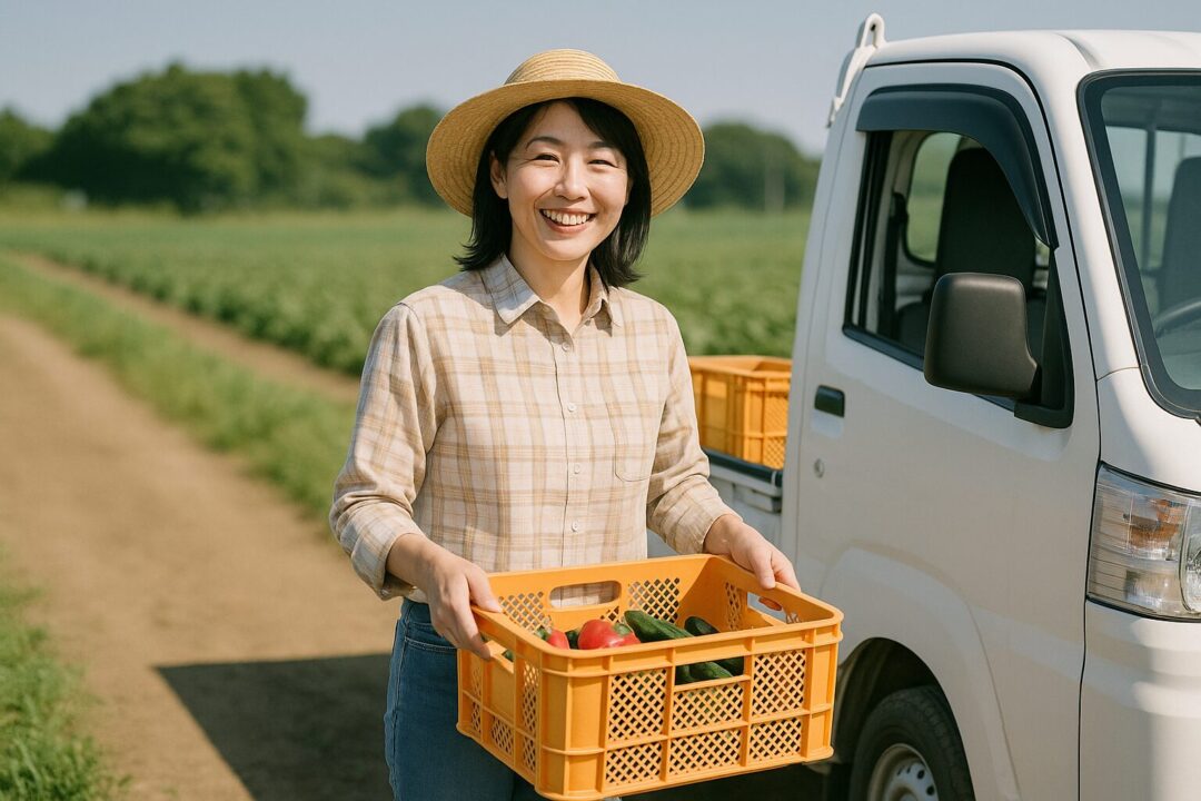 晴れた農道で軽トラの荷台に野菜を積み込みながら、笑顔を見せる40代の日本人女性農家。カゴには赤ピーマンやきゅうりが入り、収穫と出荷の合間の爽やかな一瞬を切り取った一枚