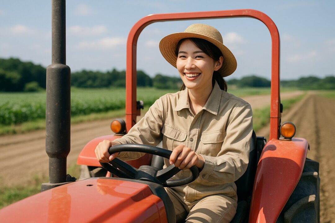 晴れた畑道を赤いトラクターで運転する30代の日本人女性農家。麦わら帽子をかぶり、明るい笑顔で作業に取り組む姿が、青空と緑の田畑を背景に爽やかに映し出された一枚